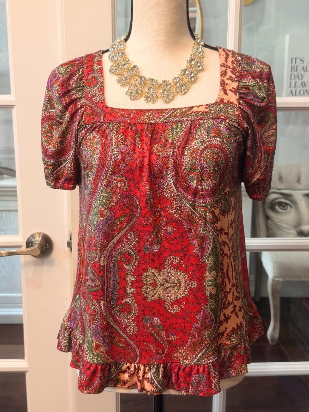 Nieves Lavi New York 100% Silk Paisley Balloon Sleeve Shirt Blouse XS Ruffle Hem